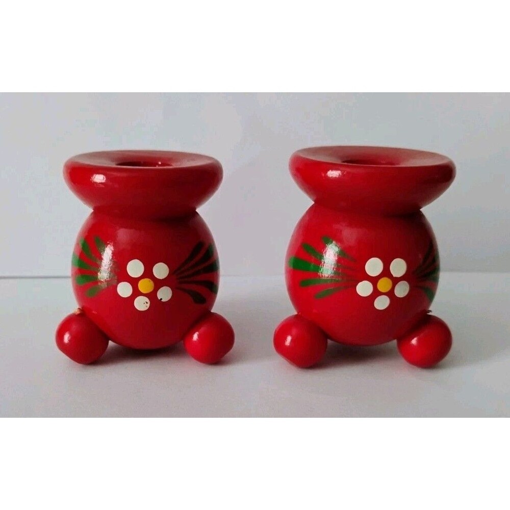 2 Vintage Pair Tiny Swedish Folk Art Red Wooden Candle Holders 1.5” Mini MCM